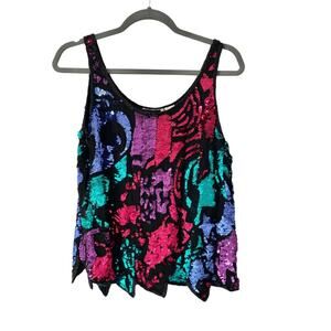Vintage Black Pink Green Silk Sequin Blouse Tank Size large disco 70s look